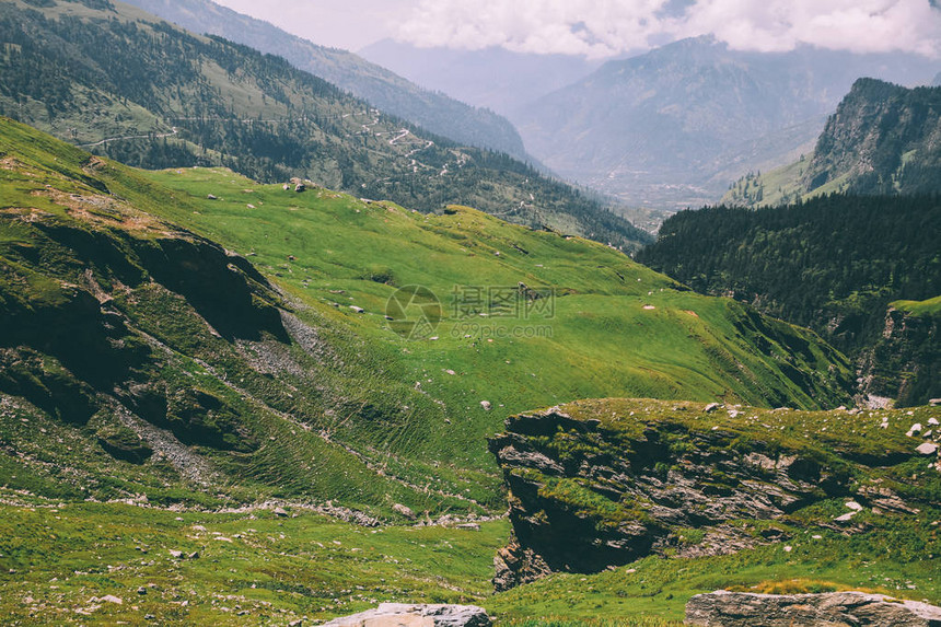 印度喜马拉雅山Rohtang山口覆盖着绿草和苔的图片