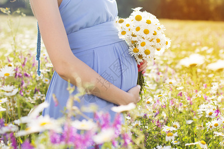 紧闭孕妇肚子手握着户外花朵的束子图片