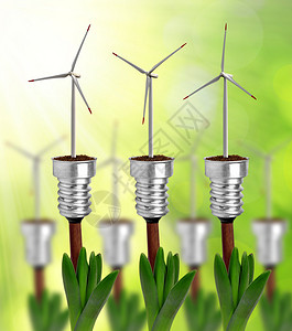 配有风力涡轮机的灯泡和植物背景图片