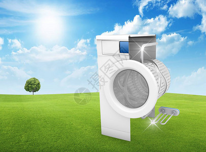 清洗机器清洁绿色草坪的清洁概念3D图片