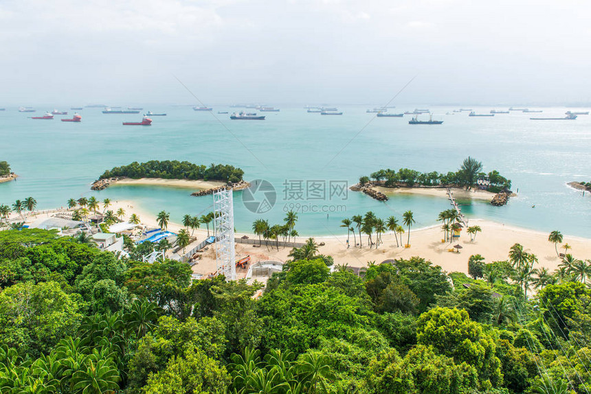 圣淘沙岛热带海滩的鸟瞰图图片