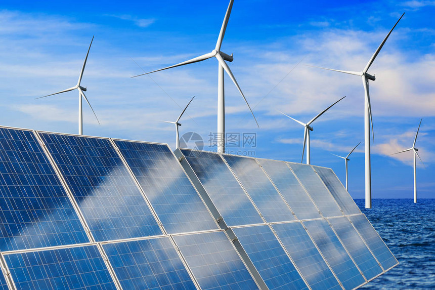 自然景观中的太阳能电池板光伏电池和风力涡轮机农场发电机用于生产可再生绿色能源是友好产业清洁可图片