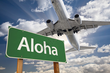 阿洛哈绿色路标和高空飞机与戏剧蓝背景图片