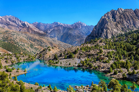 塔吉克斯坦岸边有支流的蓝色图片