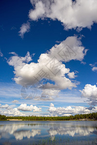 夏天森林湖上空的白云图片