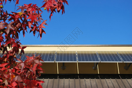 屋顶上的太阳能电池板与蓝天相映成趣图片