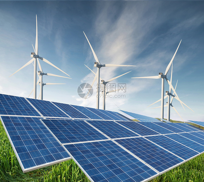 太阳能电池板和风力发电站生态能图片