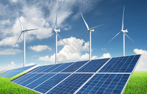 太阳能电池板和风力发电站生态能图片