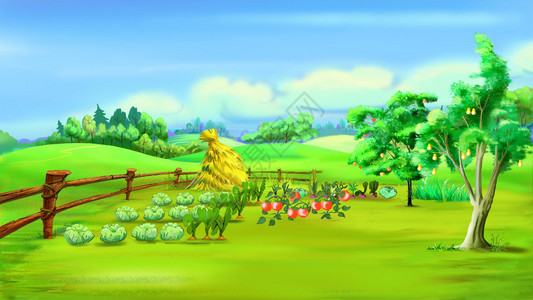 草垛夏日与菜园的乡村景观数字绘画背景卡通设计图片