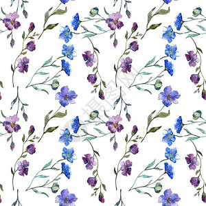 蓝色紫亚麻花卉植物花孤立的野生春叶水彩插图集水彩画时尚水彩画无缝背景图案织物背景图片