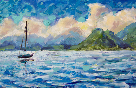 画海景风小船游艇帆船在海洋河流的蓝色绿松石水湖中图片
