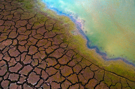 干旱期间污染的水和开裂的土壤图片