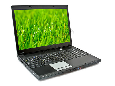 屏幕上有绿草的笔记本电脑背景图片