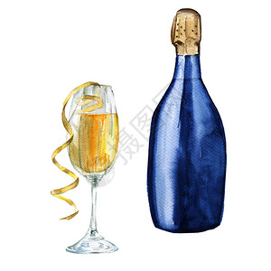 玻璃杯里的香槟瓶子白底的孤立图片