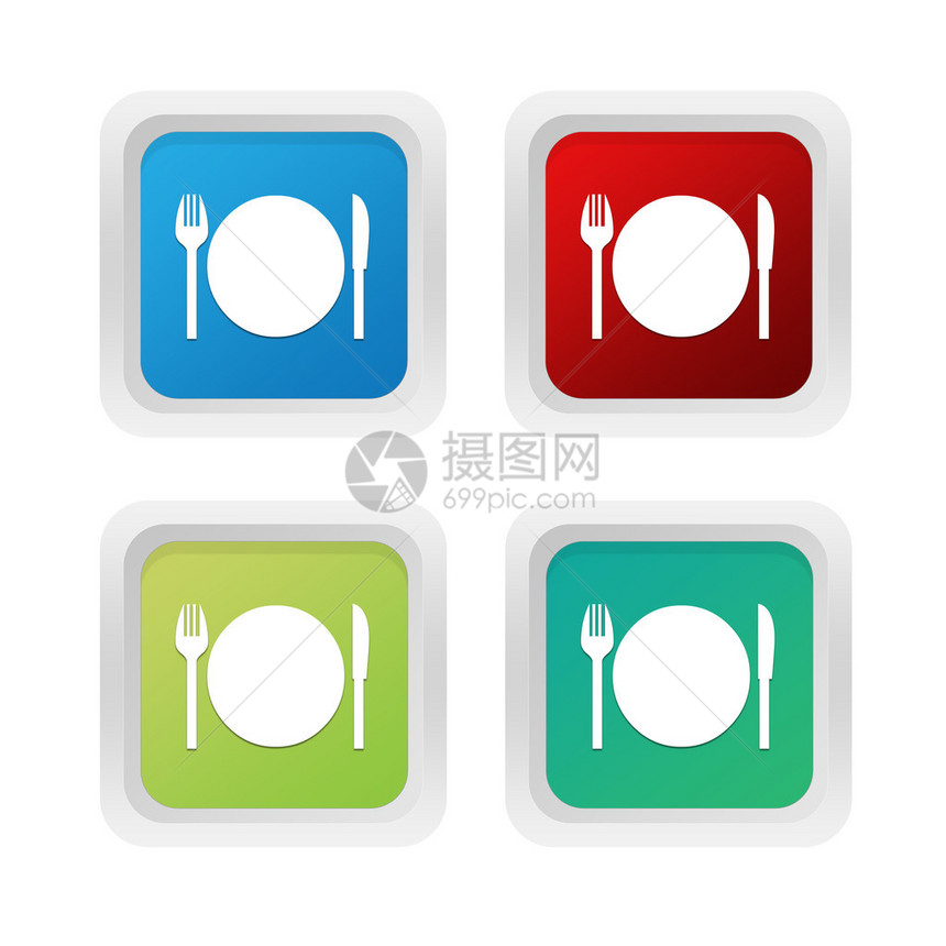 一组方形彩色按钮有餐馆符号以蓝绿图片