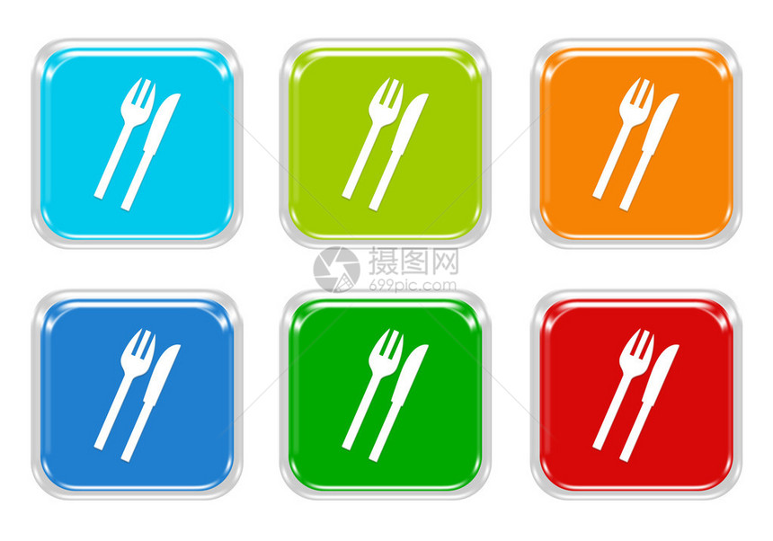 以蓝绿红橙和绿色颜显示餐厅符号的图片
