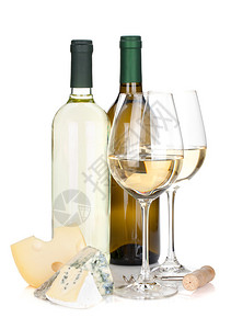 白葡萄酒瓶两个杯子奶酪和软木炉图片