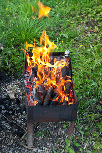 在户外烤肉机中燃烧的木图片