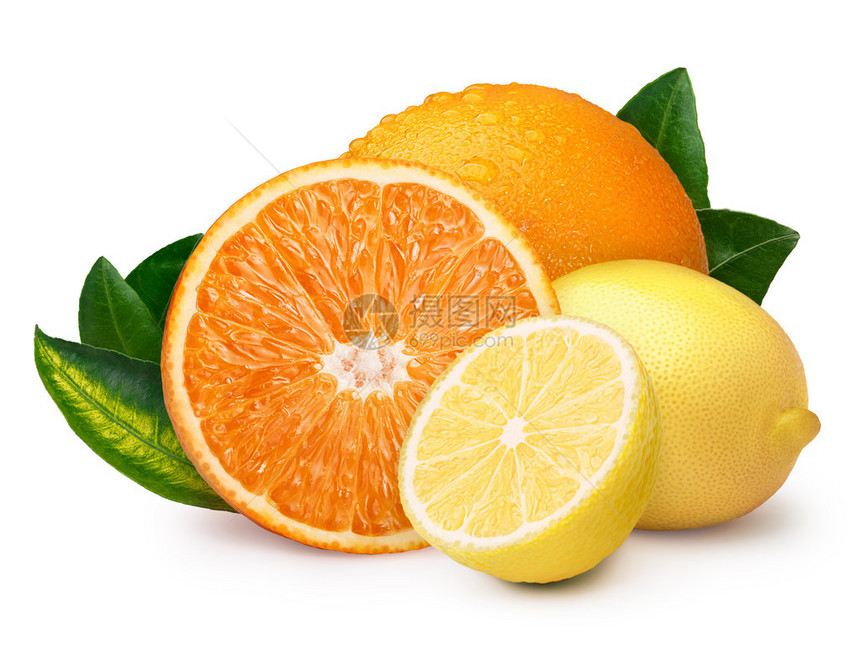 整片柠檬和橙色的半份柠檬图片