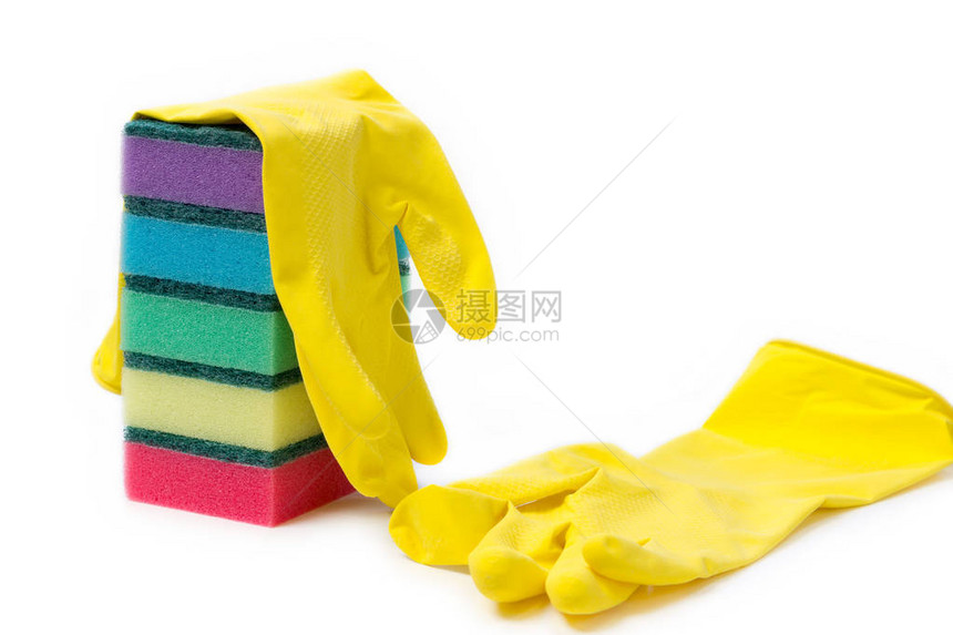 一堆彩色海绵和黄色橡胶手套图片