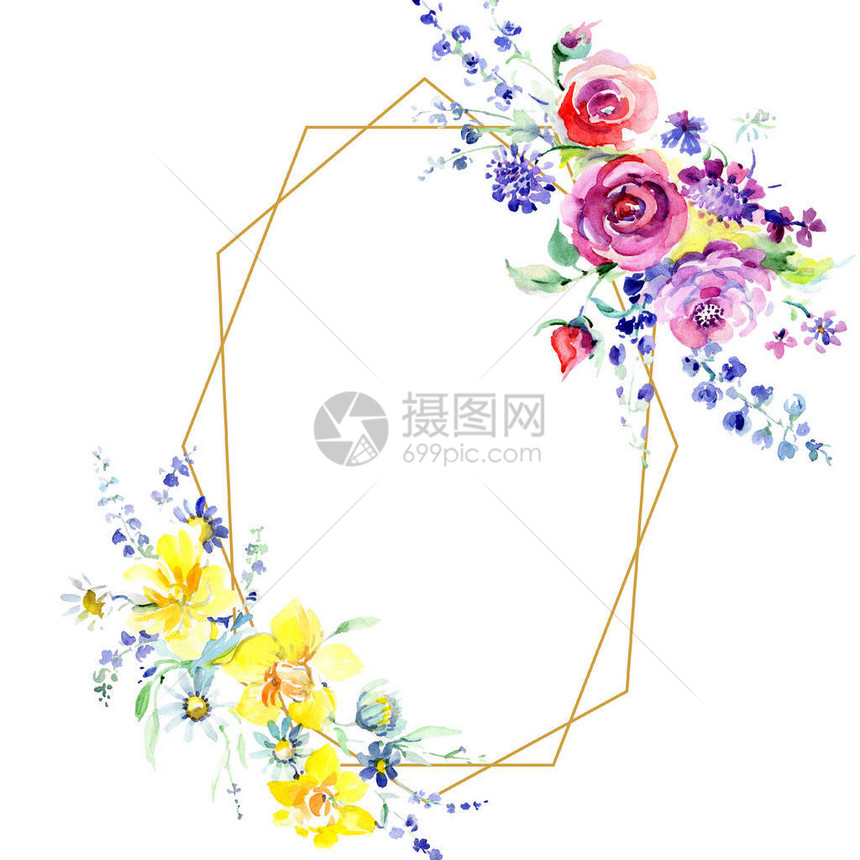 粉红玫瑰花束植物花孤立的野生春叶野花水彩背景插图集水彩画时尚水彩画孤立框架边框图片