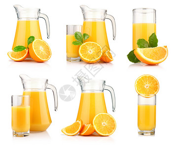 一系列罐子和橙汁杯子水图片