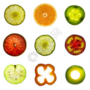 柑橘类水果切片和蔬菜的方形拼贴画图片