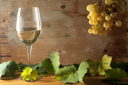 玻璃与白葡萄酒和葡萄图片