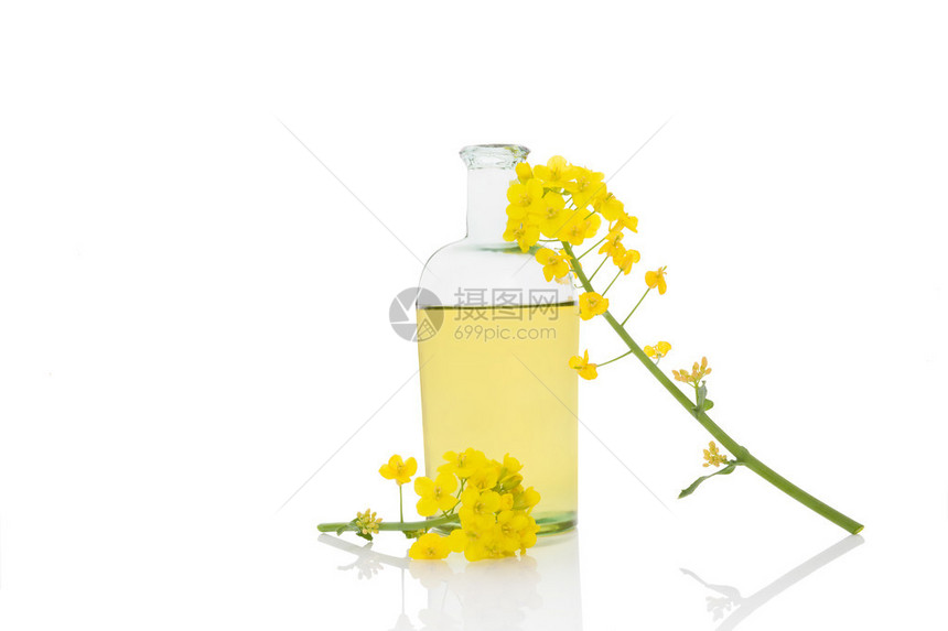 玻璃瓶和白底孤立的花朵中的图片