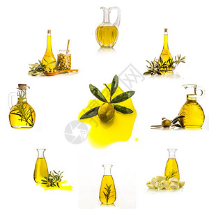 白色背景中隔离的特级初榨橄榄油收集装置玻璃瓶和橄榄图片