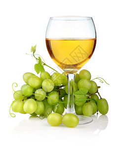 一杯酒和葡萄树枝在白色背景下被隔离图片