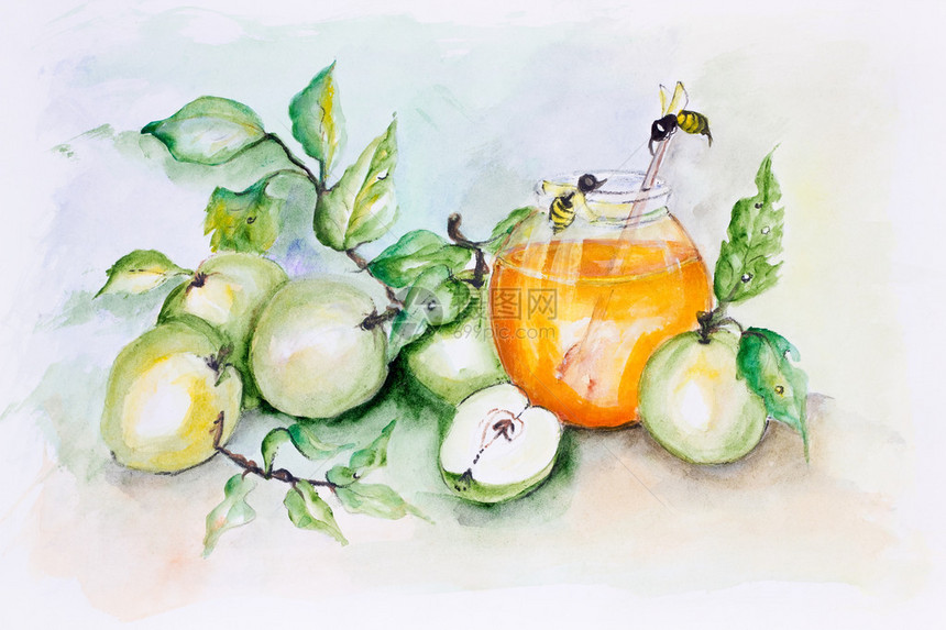 蜜蜂和苹果仍然有生命水彩画手工制图片