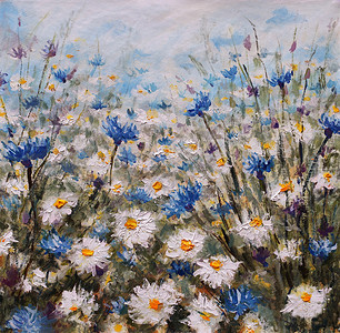 花卉白花的领域矢车菊和雏菊林间空地夏花草自然画布上的原始花卉油画现代印背景图片