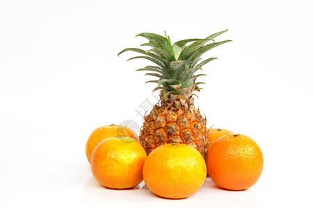 白色背景上的菠萝和橙子图片