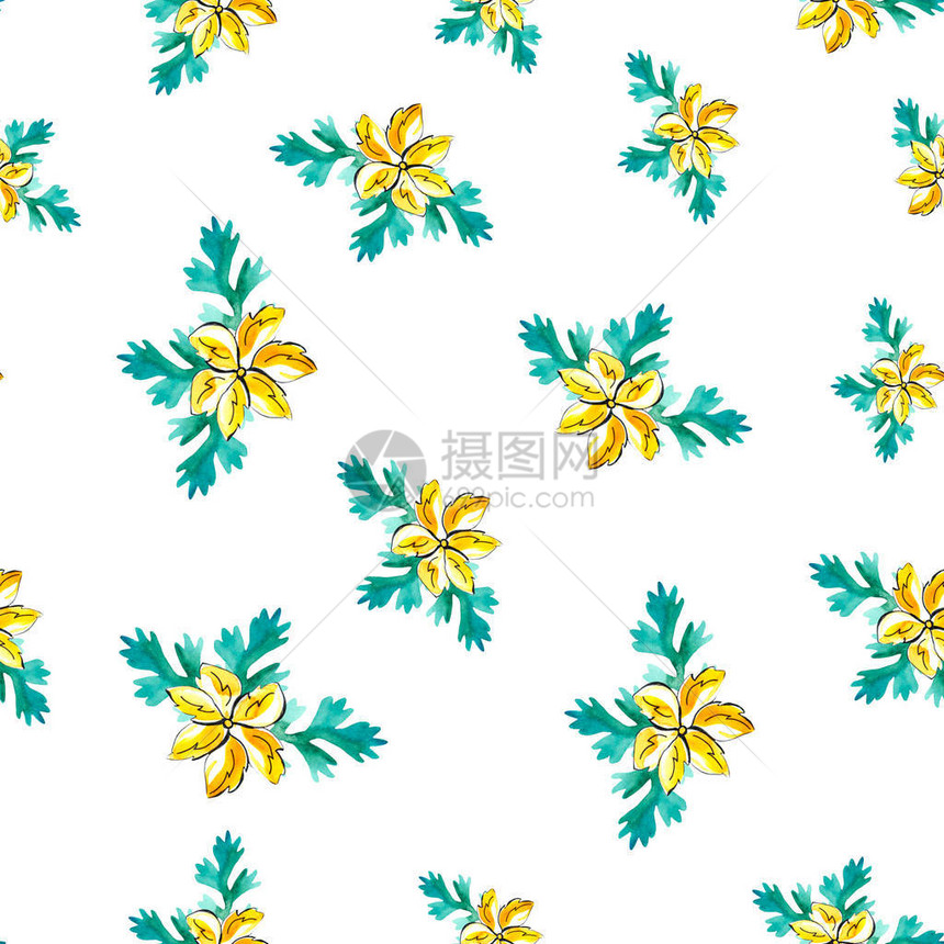 黄色花朵与蓝色叶子水彩图片