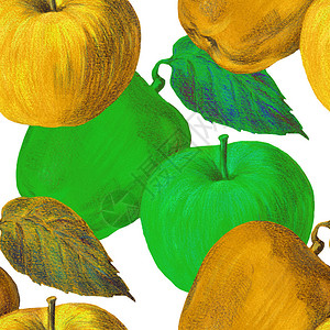 黄色绿苹果叶彩色铅笔样式无缝白背景图片