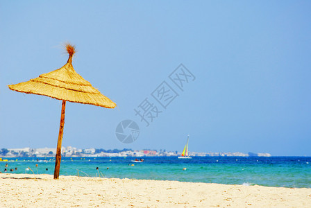 晴天沙滩上的单草伞图片