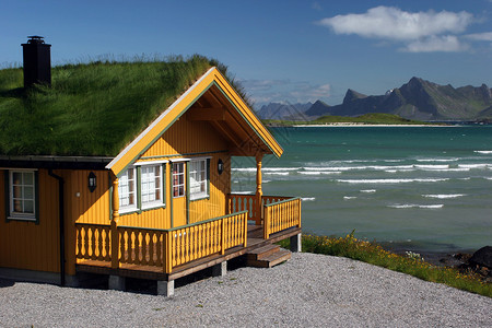 有草屋顶的黄色木房子图片