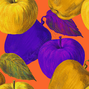 黄色蓝苹果叶彩色铅笔样式无缝橙色背景图片