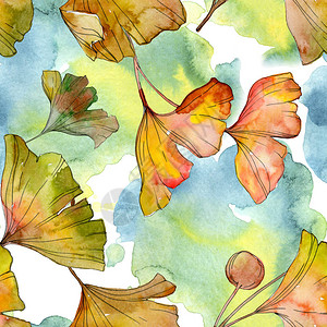 绿色黄银杏叶植物叶子水彩插图集水彩画时尚水彩画孤立无缝背景图案织物背景图片