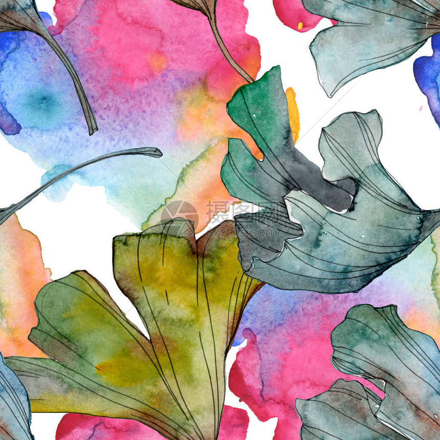 银杏叶植物园花卉叶子水彩插图集水彩画时尚水彩画孤立无缝背景图案织物图片