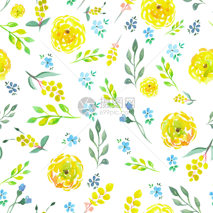 黄花和蓝花的无缝花粉形态白底漆在水彩色图片