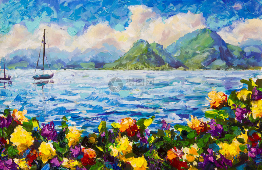 原调色刀画温暖的夏日海景蓝色海洋中的小船游艇帆船美丽的绿色山脉和蓬松的黄色云彩在背景中在前景风艺术品的图片