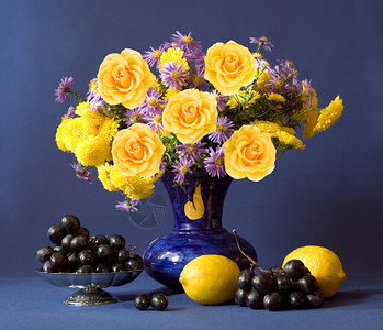 大量秋天的花朵和黄色玫瑰深蓝背景图片