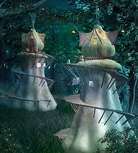 随意而安黑暗而美妙的森林中的精灵幻想小镇插画