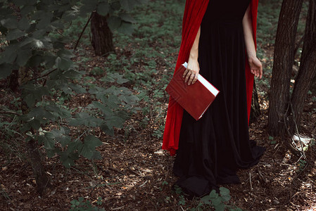 在森林里用魔法书穿红色斗篷的优图片