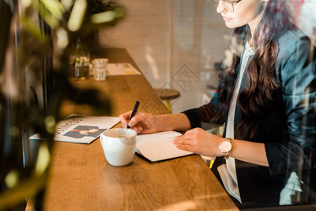 女自由职业妇女写日记咖啡杯和咖啡店商业报背景图片
