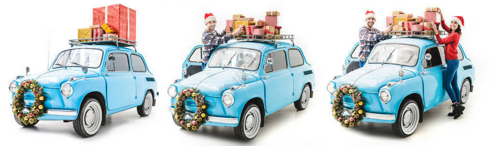 在汽车屋顶上带圣诞礼物的男女青年白边被图片