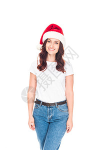 穿着临时服装和圣诞老人帽子的笑着女孩图片