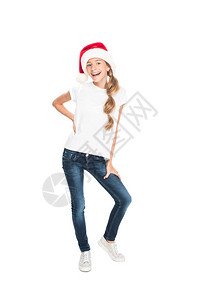 穿着临时服装和圣诞老人帽子的兴奋女青少年图片